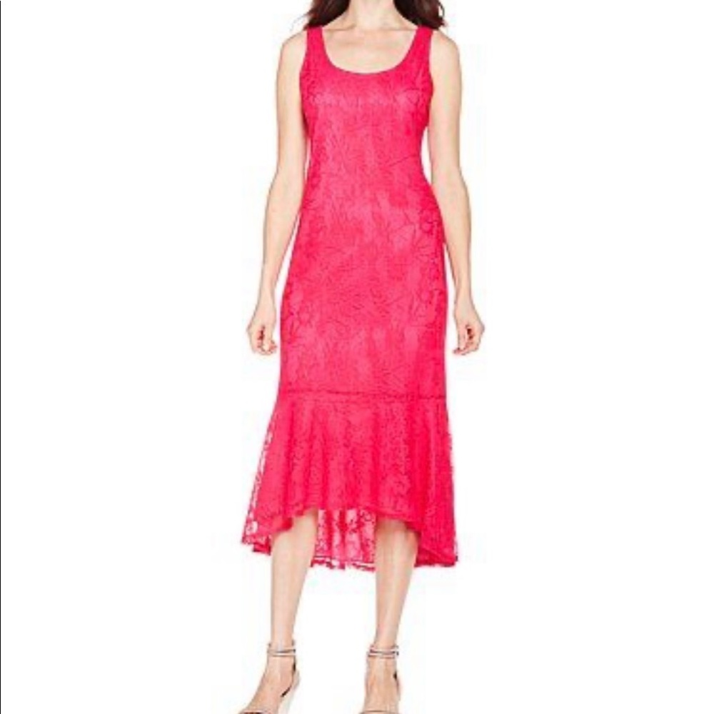 Slinky Brand Crochet Maxi Dress With Flounce Hem Size Small Hot Pink NWOT